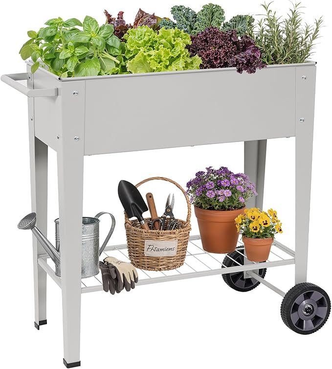 Elevated Raised Garden Bed with Legs- Galvanized Raised Beds for Gardening on Wheels, Anti-Rust Steel Planter Box with Storage Rack& Drain Hole for Backyard Patio Balcony (Grey)