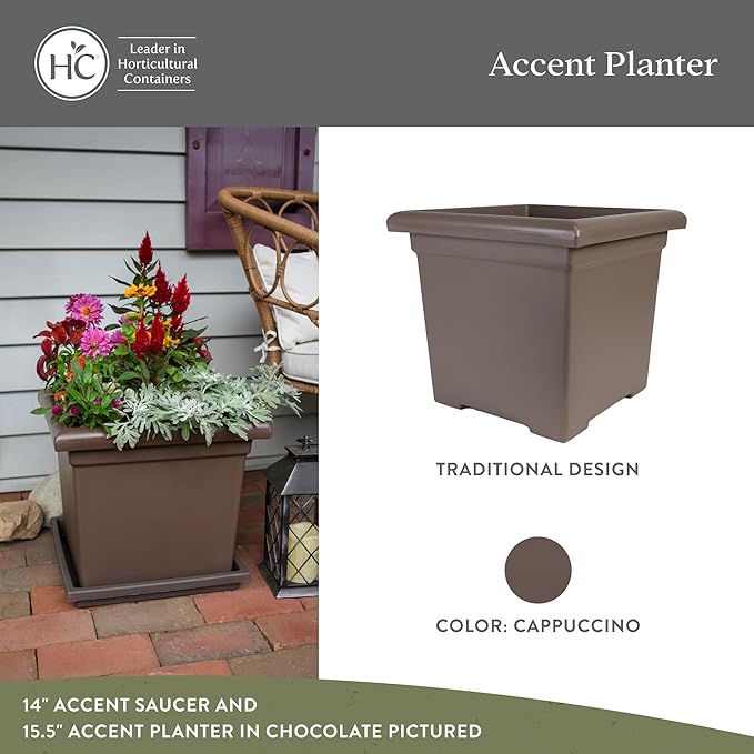 The HC Companies Accent Square Plant Pot w/Drainage - Classic Planters for Outdoor Plants & Indoor Plants - Lightweight & UV-Resistant Square Planter Box (15.5”, Cappuccino, Pack of 1)