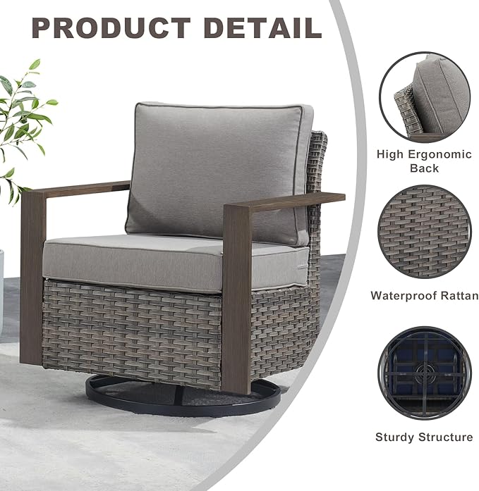 Rilyson Outdoor Patio Swivel Rocker Chairs - Wicker Rattan Patio Swivel Rocking Chairs Set of 2 with Metal Wide Armrest, Thick Cushions and Deep Seating for Deck Porch Sunroom Garden(Mixed Grey/Grey)
