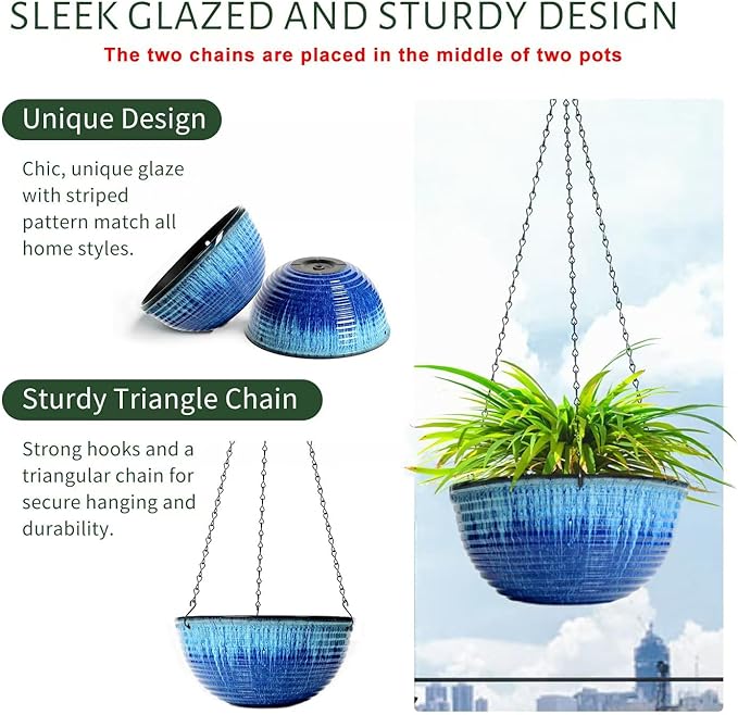 LESOASIS 10inch Hanging Planters for Indoor and Outdoor Plants, 2 Pack Hanging Planter with Drainage Hole, Round Hanging Flower Pots for Garden Home Decor (Blue Glaze)