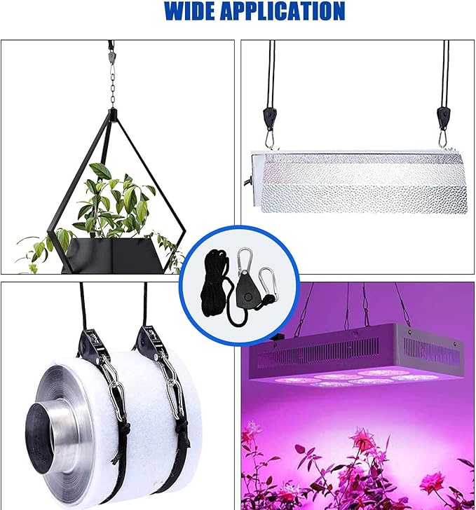 OneChoi Grow Light Rope Hanger 50Pairs，1/8" 8-Feet Long Heavy Duty Adjustable Rope Clip Hanger, Adjustable Rope Ratchet Hangers 150 Lbs per Pair Used with Grow Light, Grow Bags