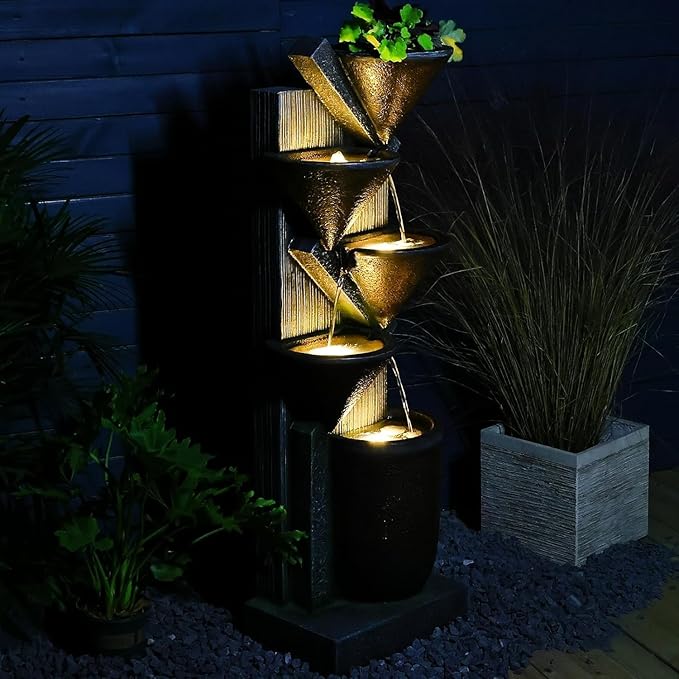 49.6" Tall Outdoor Water Fountain 5-Tier Garden Watefall Fountains Floor Standing Water Fountains with LED Lights&Pump for Garden, Living Room, Patio with Natural Stone