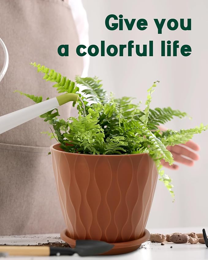 6 Inch Indoor Planter Pots with Drainage Hole and Tray Saucer,Flower Pots for Indoor Outdoor Garden Plants and Flowers, Multicolor, 4 Packs