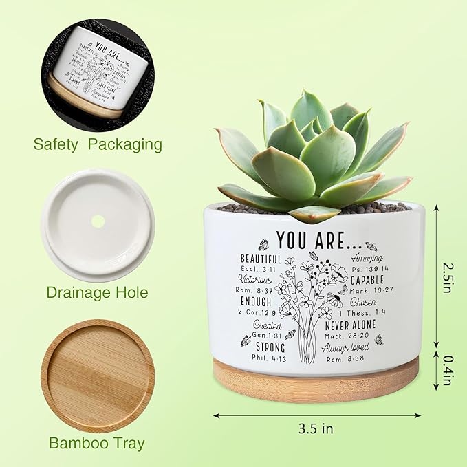 You are Beautiful Succulent Plant Pot, Cute 3.5 Inch Ceramic Pot, Inspirational Christian Desk Windowsill Pots for Small Plants, Cactus Gifts Plant, Religious Planter(No Plants)
