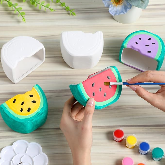 Pasimy 6 Set Ceramics to Paint DIY Ceramic Succulent Planter Pots Paint Your Own Flower Pots Craft Kit Unpainted Bisque Flowerpot with Brush Palette for Family Activity Holiday Gifts(Watermelon)