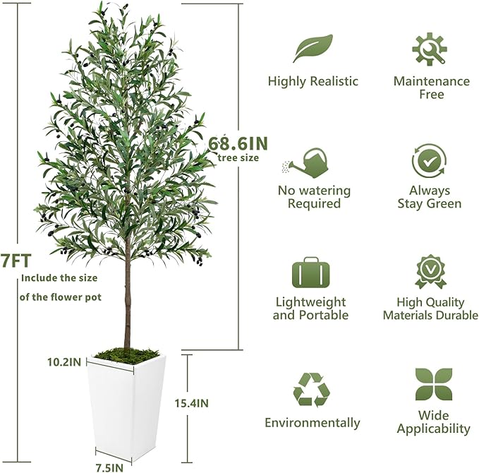 Olive Trees Artificial Indoor 7ft, 2 PCS Tall Faux Silk Plant with Pot, Realistic Leaves and Natural Wood Trunk Fake Trees with Lifelike Fruits for Home Office Decor Bedroom Livingroom Entryway