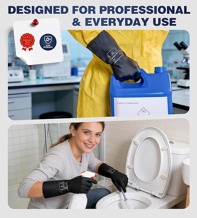 2 Pairs Heavy-Duty Chemical Resistant Rubber Gloves, Protective Industrial Gloves for Cleaning, Dishwashing, Resist Acid, Alkali, Hazmat, Black, Medium