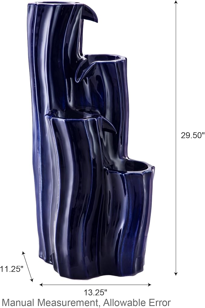Glitzhome 30" Tall Outdoor Water Fountain with LED Light, Pump & Adapter, 4-Tier Cobalt Blue Wavy Texture Ceramic Cascading Garden Fountains Waterfalls for Porch Deck Patio Backyard