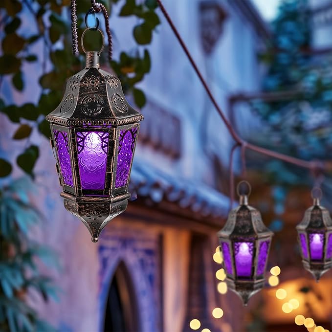 DECORKEY Moroccan Decorations Indoor, 13.6’’ Lantern Decorative Outdoor, Halloween Style Hanging Lantern with Chian for Home Porch Patio Decor, Vintage Metal Christmas Ramadan Candle Holders(Purple)