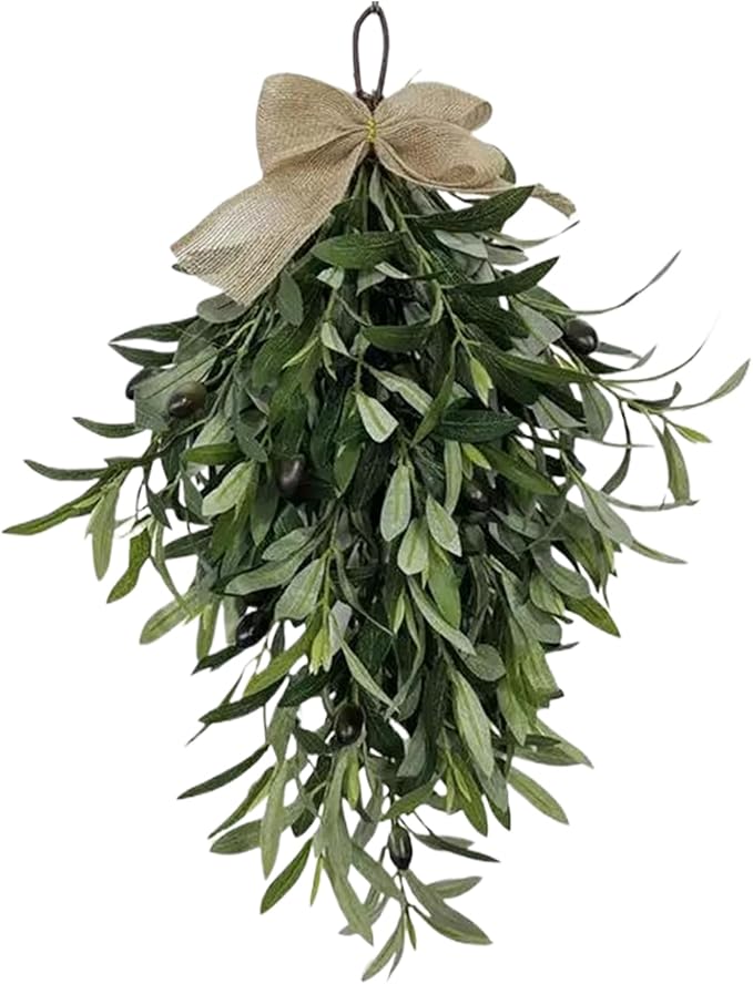 Artificial Olive Wreath with Burlap Bow, 24 Inch Teardrop Swag for Front Door Wall and Wedding Decor