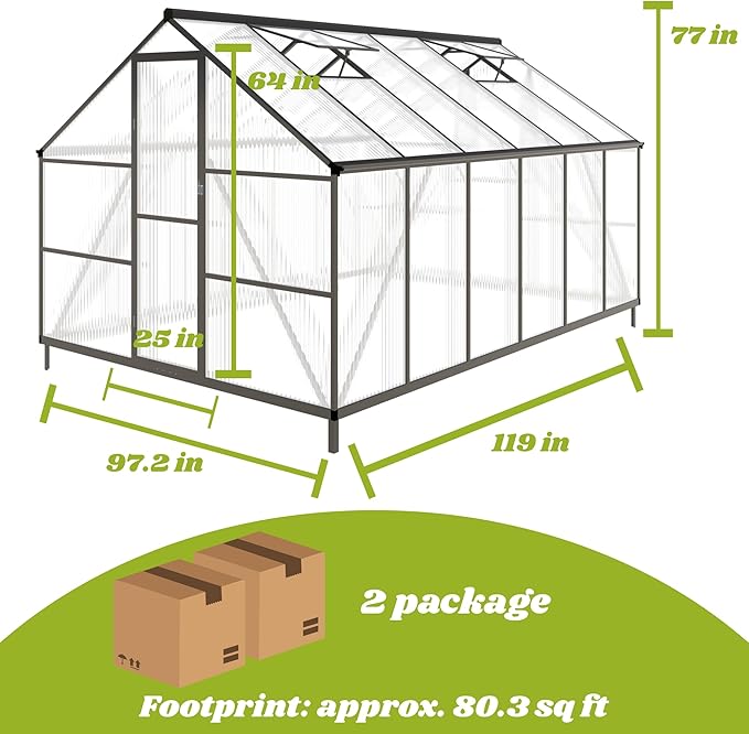 8x10 FT Greenhouses for Outdoors, Polycarbonate Greenhouse with PC Panels, Greenhouses for Outdoors for Yard, Garden, Hobby, Dark Grey