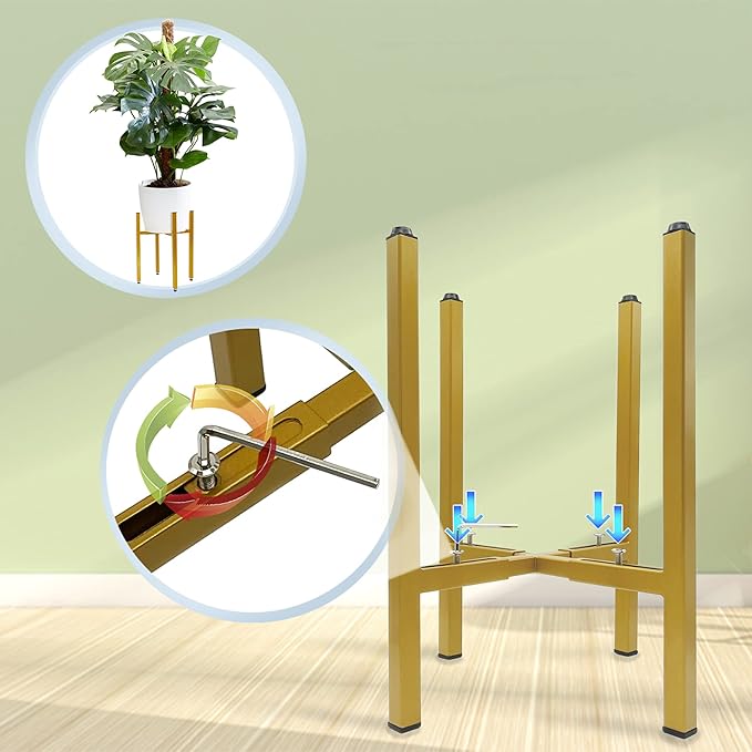 RAINBLELAND Adjustable Metal Plant Stand, Indoor Outdoor, Width 8" to 14", Fits Small to Large Pots, Modern Golden Iron Plant Holder