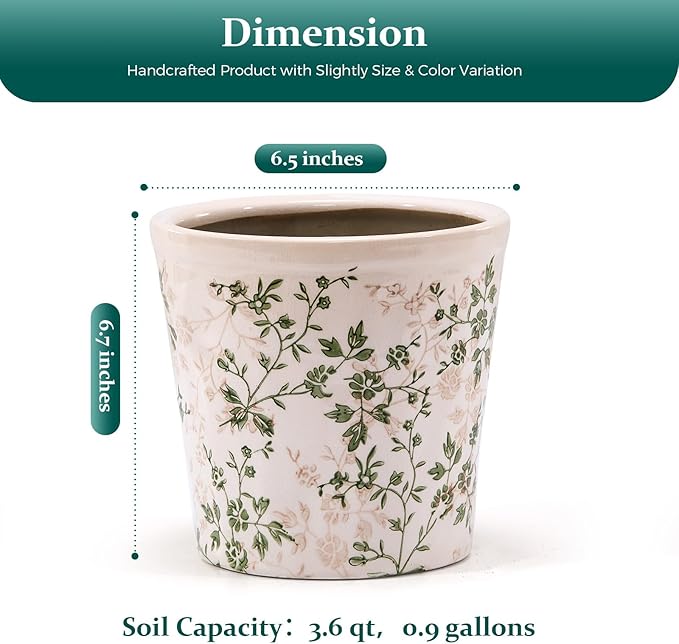 Teweiqi Ceramic Planter Without Drainage Hole, 6.7 Inch - Indoor/Outdoor Flower Pot for Orchids, Succulents, Green Floral Modern Farmhouse Design Plant Pot for Home,Office & Garden Décor, Ideal Gift
