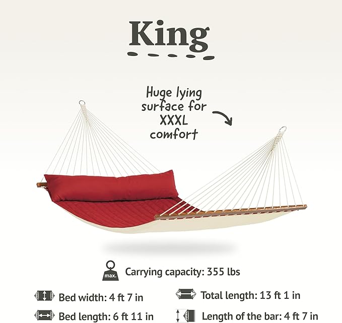 LA SIESTA® Alabama Quilted Hammock with Spreader Bar & TreeMount, Fabric Tree Hammock with Tree Straps for Beams Posts - Weatherproof Outdoor Hammock - 2 Person Double Hammock Bed -XL King, Red Pepper