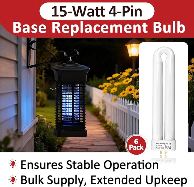 6 Pcs 15W 4-Pin U-Shaped Replacement Bulb for Black Flag BB-15WHT Flowtron BK-15D Stinger FP15 TZ15 B1515-4 Hemiua T6 Pro & Most 15W Bulbs, Indoor/Outdoor Use