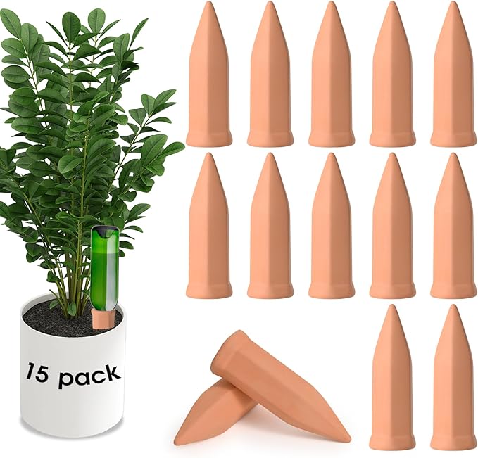 APPD Terracotta Watering Stakes15 Pack Automatic Plants Watering Devices Terracotta Self Watering Spikes for Wine Bottles Great for Indoor & Outdoor Plants
