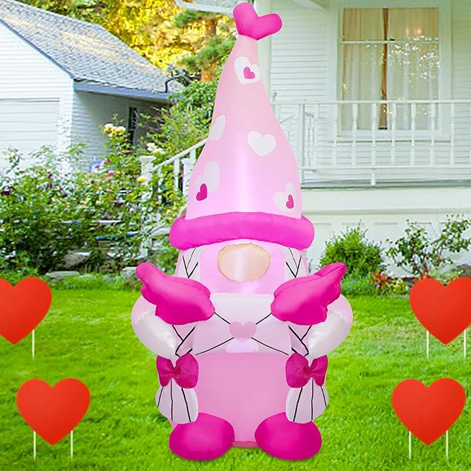 Juegoal Valentine Inflatable Pink Gnome, 4 FT Lighted Blow Up Girl Swedish Gnomes, Indoor Outdoor Valentines Wedding Xmas Decor, Built in LED Light Up Holiday Lawn Yard Garden Decorations