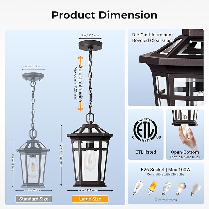 VIANIS Large Outdoor Pendant Light, Oil Rubbed Bronze Outside Hanging Lights, Hanging Porch Light Fixture with Adjustable Chain, 100% Aluminum Waterproof Anti-Rust Ceiling Lighting for House, Doorway