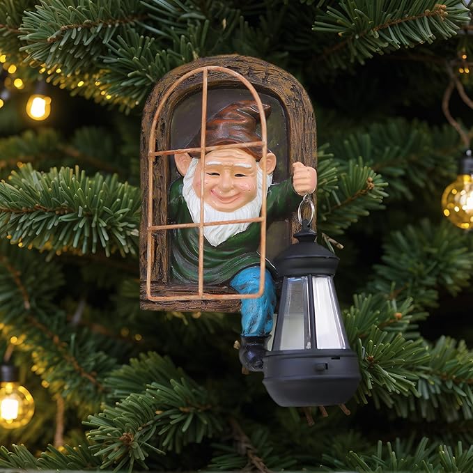 Gnomes Statue with Solar Lights Spring Decorations Whimsical Fairy Garden-10 Inch Elf Outdoor Tree Hugger Garden Statues- Tree Face Sculpture, Yard Art for Patio,Fence,Lawn,Wall Gnomes Ornament