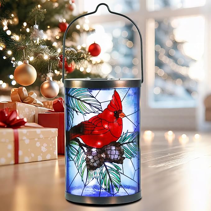 Afirst Christmas Solar Lantern - Cardinal Decorative Glass Solar Lights Outdoor Waterproof Tabletop Lamp for Garden Yard Patio Decor