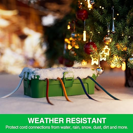 RESTMO Outdoor Electrical Box, IP54 Weatherproof Extension Cord Cover with 6 Cable Entry Ports, Waterproof Connection Box Protect Power Strip, Timer, Plug, Holiday Lights, (11.5x5.2x4 inch), Green