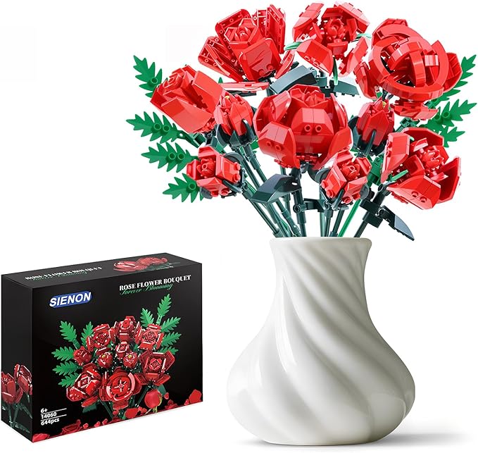 SIENON Red Rose Building Set-10pcs Roses & 2pcs Leaves Botanical Collection, Artificial Flowers for Home Décor, Rose Bouquet Building Kit for Valentine’s Day Christmas Birthday Anniversary (No Vase)