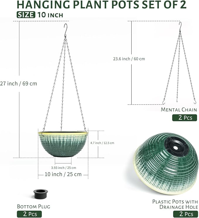 LESOASIS 10inch Hanging Planter, 2 Pack Hanging Planters for Indoor and Outdoor Plants, Glazed Hanging Plant Holder with Drainage, Indoor Hanging Flower Pots for Garden Home (Green Glaze)