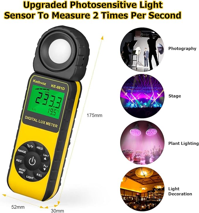 Kethvoz KE-881D Digital Illuminance - 0.1~400,000 Lux Range Light Meter, Foot Candle Tester for Photography, LED Grow Lights, Aquarium, Indoor Lighting Measurement