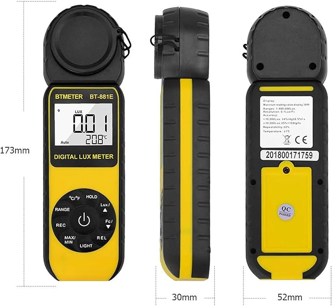 BTMETER BT-881E Digital Illuminance/Light Meter, Measure Lights 0.01~300,000 Lux (0.01~30,000 FC) Foot Candles, Par Meter Luxmeter for Plants Aquarium Light Tester