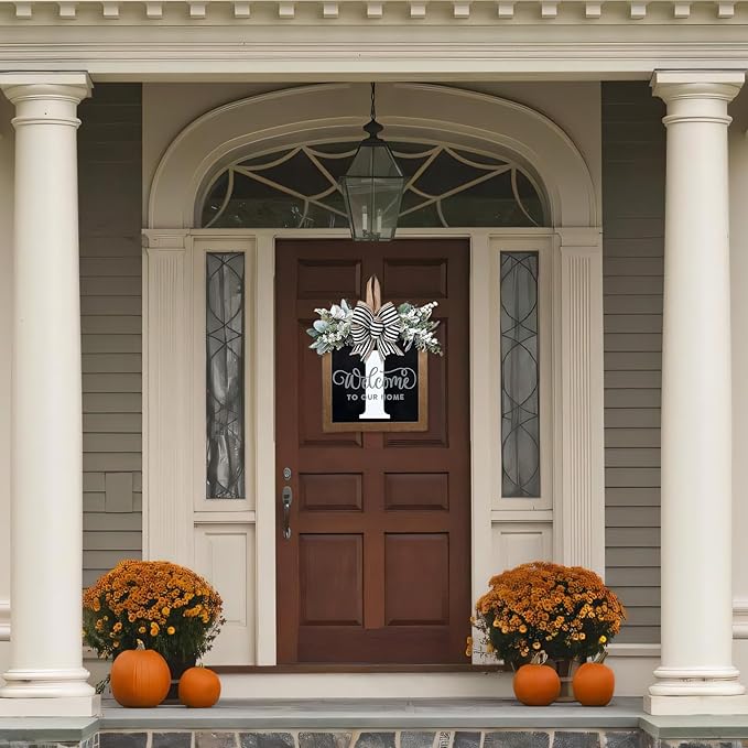 Ultra Large 14'' Last Name All Year Round Front Door Wreath with 26 Initial Letter Welcome Sign All Seasons Eucalyptus Garland and Bow Wreaths for Front Door Porch Farmhouse Decoration (I)
