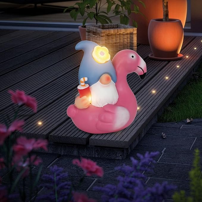 Solar Gnome Garden Decor Statue,Outdoor Funny Solar Light Decoration for Outside Yard Patio Front Porch Balcony Home - Unique Housewarming Gifts (Flamingo)