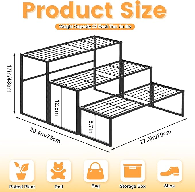 Gouisalin 3 Tier Metal Plant Stand Indoor Outdoor, Potted Multiple Flower Pot Holder Rack Plant Shelf, Heavy Duty Planter Display Shelving for Patio Balcony Garden Living Room Decorative (3 Tier- Black)