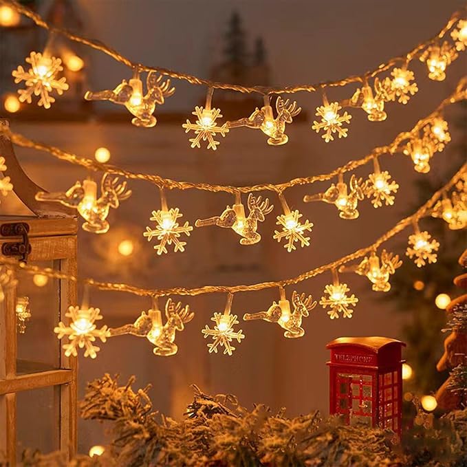 Christmas Snowflakes Lights Battery Operated, 20 LED String Lights with Snowflakes and Elk, Waterproof Shatterproof Christmas Light for Outdoor Indoor Xmas Bedroom Decor