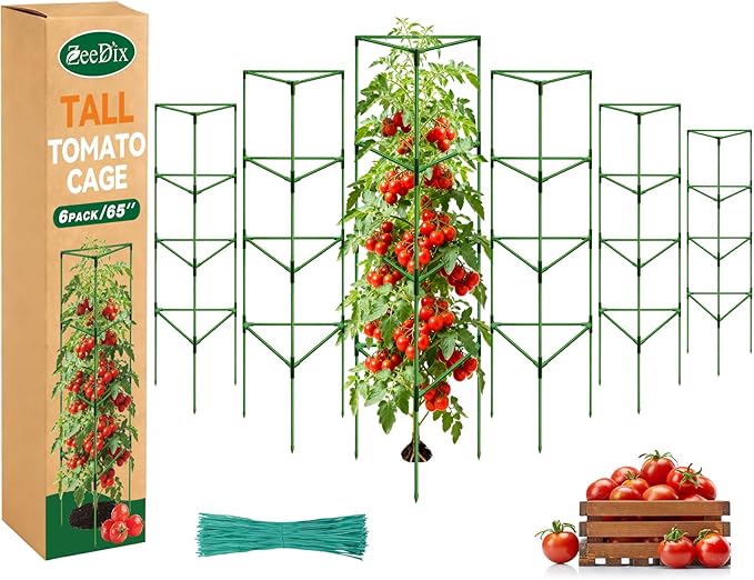 [Upgraded] ZeeDix 65 Inch Tall Tomato Cages for Garden, 6 Pack Large Plant Trellis Support Stakes for Climbing Plants, Heavy Duty Adjustable Tomatoes Cage for Pots, Raised Garden Bed Outdoor Supplies
