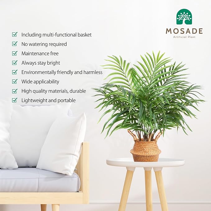MOSADE Artificial Palm Tree 28Inch Fake Potted Areca Palm Plant with Handmade Seagrass Basket, Perfect Faux Tree Home Décor for Indoor Outdoor Office Porch Balcony Bedroom Bathroom Gift