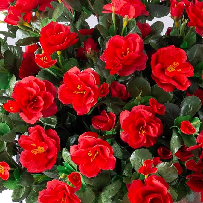 Ivydale Artificial Faux Red Flowers Plants for Outdoor Outside Spring Decor, Fake Silk Camellia UV Resistant Look Real for Planter Porch Patio Balcony Garden Table Indoor, 3 Large Bundles