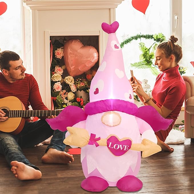 Juegoal Valentine Inflatable Cupid Gnome, Lighted Blow Up Pink Swedish Gnomes with Arrow, Indoor Outdoor Valentines Wedding Xmas Decor, Built in LED Light Up Holiday Lawn Yard Garden Decorations