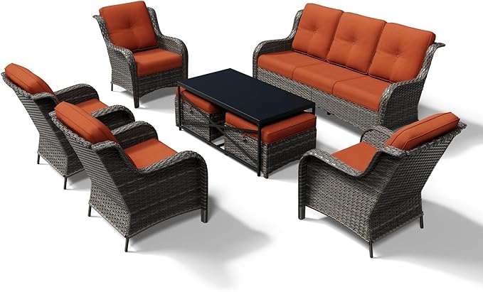 Joyside 8 Piece Wicker Patio Furniture Set, Rattan Patio Chairs with High Back, Deep Seating, Wide Armrest, Thickened Cushions, Outdoor Furniture for Deck, Porch Use