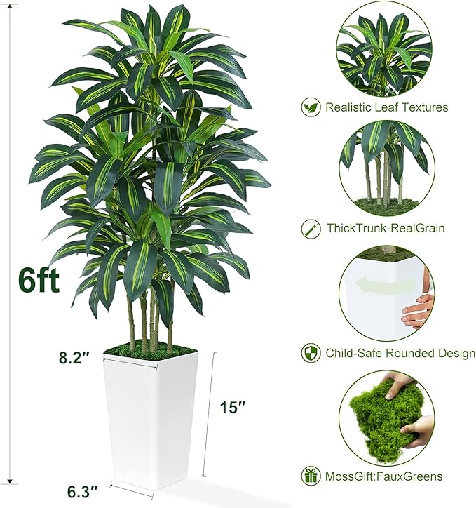 Keeplush 6FT Artificial Dracaena Tree - High-Density Foliage Fake Plant with White Tall Planter - Faux Yucca Floor Plant for Home Office Decor Indoor