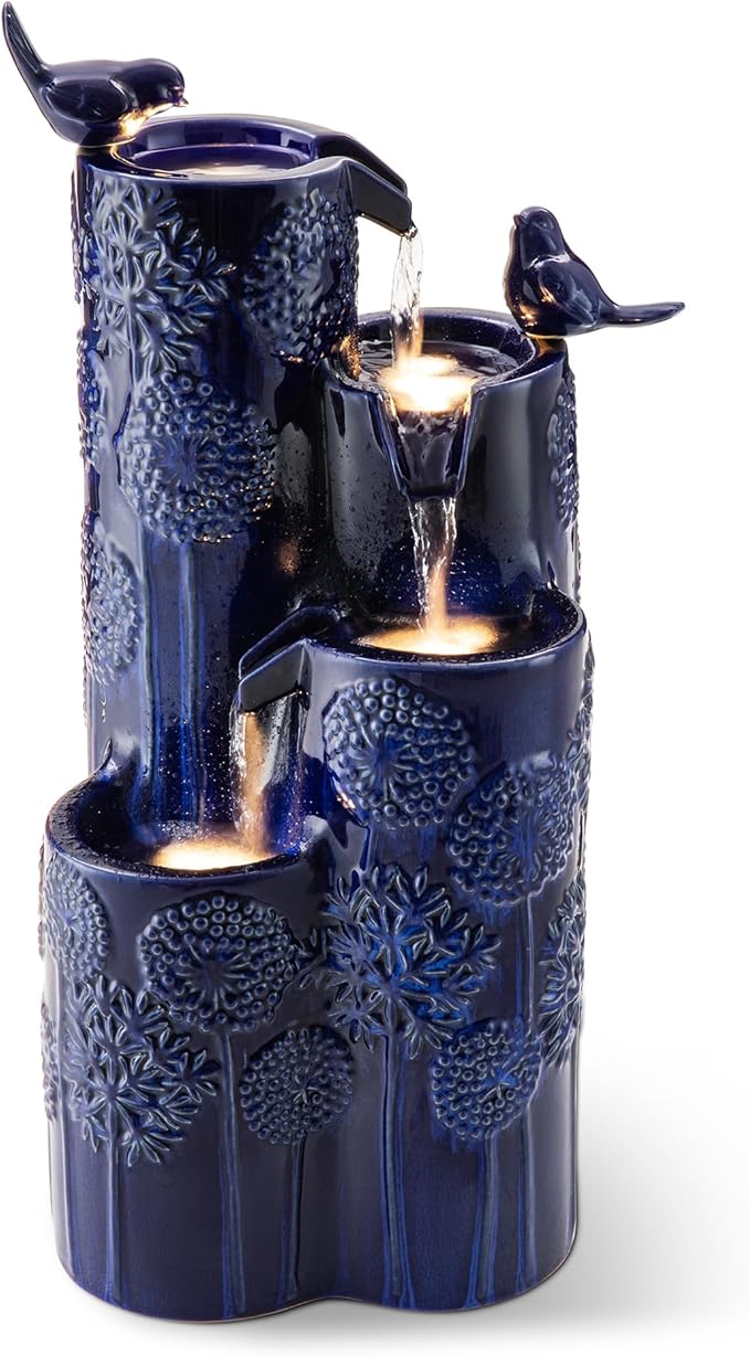 Glitzhome 27" H Outdoor Water Fountain with LED Light, Pump & Adapter, 4-Tier Cobalt Blue Dandelion Vase Ceramic Cascading Garden Fountains Waterfalls with Birds, for Porch Deck Patio Backyard