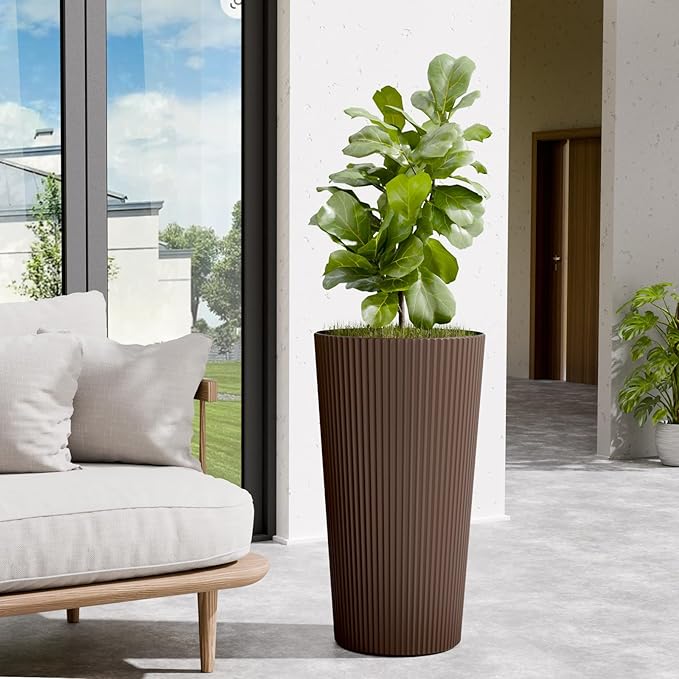 Diyfire Tall Outdoor Planter Front Porch Decor Set of 2-23.6" H Tall Planters for Outdoor Plants with Drainage Hole, Round Conical Design Flower Pots for Indoor/Patio/Garden, Brown