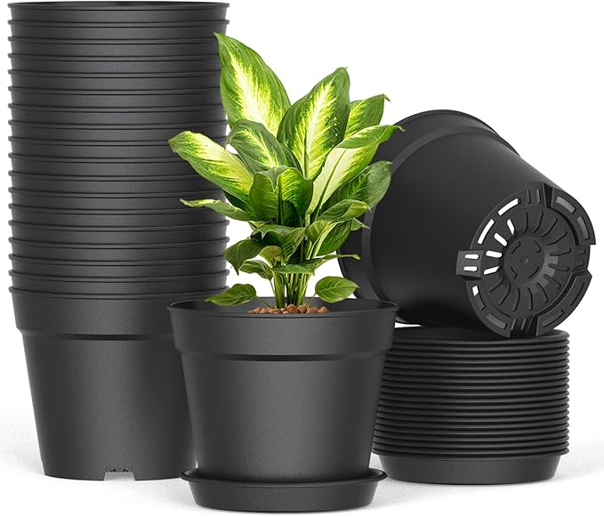 SwinDuck 20 Pack 6 Inch Plant Pots with Drainage and Saucers, Black Plastic Flower Pots for Indoor and Outdoor Plants, Stackable Nursery Planters for Houseplants and Herbs, Black
