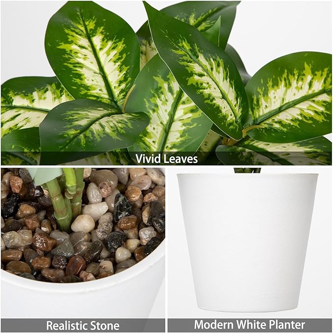 GnFlus Set of 2 Fake Tropical Plants with White Pots Artificial Potted Plants Artificial Leaves Decor for Farmhouse Room Bathroom Bedroom Kitchen Office Table Desk Green and White