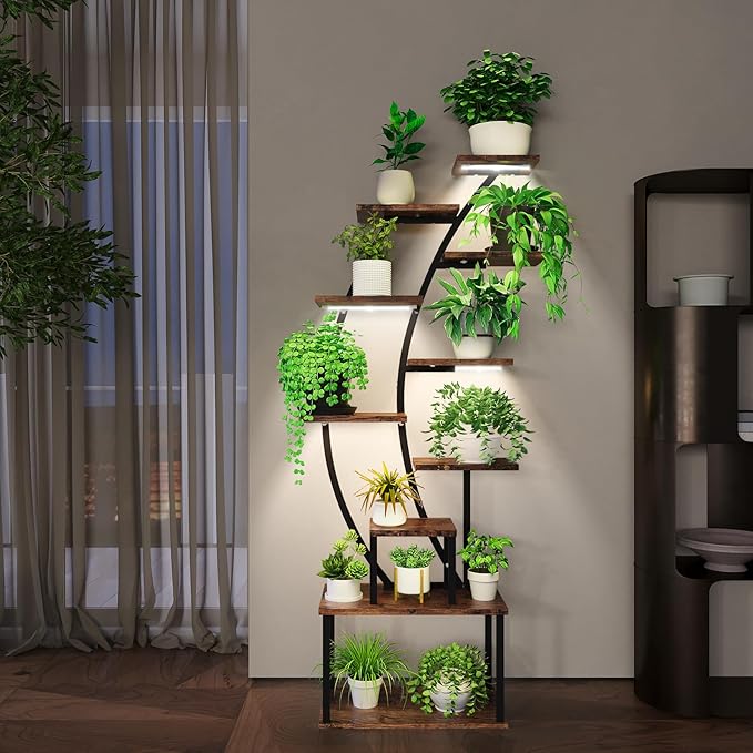 ROOMTEC Plant Stand Indoor with Grow Lights, 9 Tiered Indoor Plant Stand, 63" Metal Plant Shelf, Tall Plant Stands Indoor Multiple Stands for Living Room, Patio, 2PCS