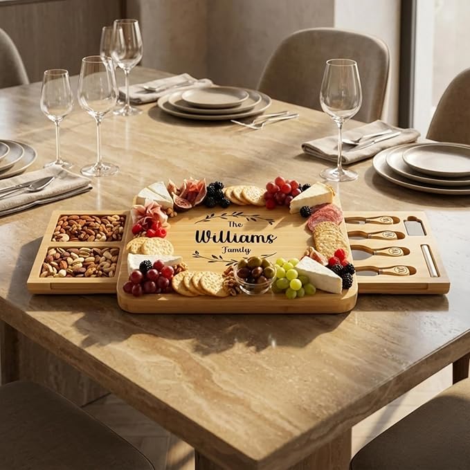Personalized Charcuterie Board Set, Custom Engraved Bamboo Cheese Board, Christmas, Wedding and Housewarming Gift for Couples, Anniversary and Bridal Shower (2 DRAWERS)