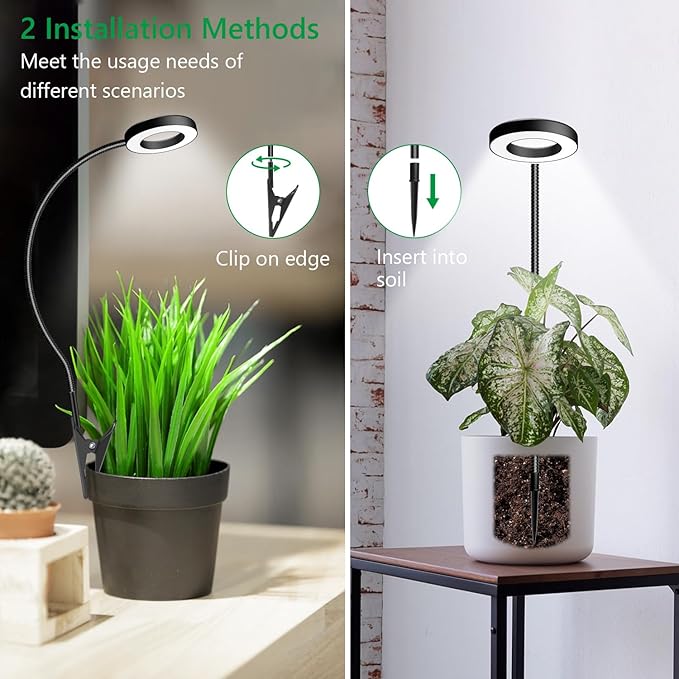 Xuligron Plant Light 2 Pack, Clip on Grow Lights for Indoor Plants, LED Full Spectrum Halo Grow Lamp with, 6/12/16H Timer, 5 Dimmable, 3 Modes, 2 Installation Options Clip or Plug