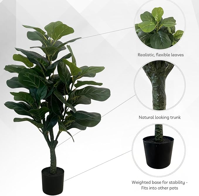 XBrand 39.4-Inches Artificial Fiddle Leaf Fig Tree in Pot for Indoor Outdoor Home Office Store, Great Housewarming Gift