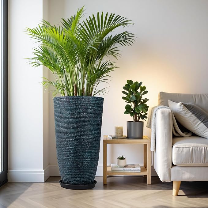 QCQHDU Set of 2 Large Tall Blue Planters with Saucer - 9 Gallon 12" Diameter x 21" H Faux Stone Round Pots for Indoor Plants, Outdoor Patio & Porch Decor, Heavy Duty Weatherproof Plant Containers
