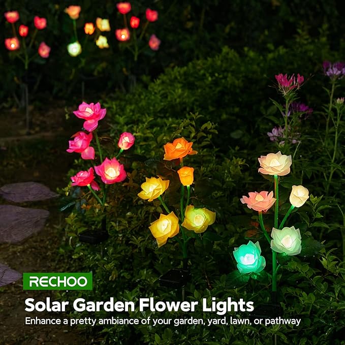 RECHOO Solar Garden Lights Outdoor Decorative, 3 Pack Solar Flower Lights with 15 Rose Flowers, Multi-Color Changing LED Waterproof Garden Decor for Landscape Pathway, Valentine's Day Gifts for Women