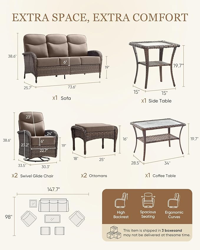 Belord Upgraded 6“ Cushion Luxury Patio Furniture Set with Fire Pit Table - 7 Piece Wicker Furniture Set with High Back Swivel Rocker Patio Chairs, Conversation Set for Deck Porch Yard - Brown/Grey